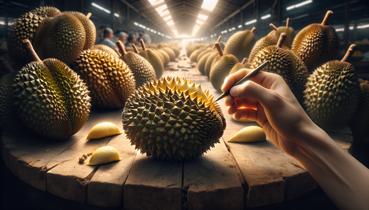 "alt_text": "Durian matang dengan ciri manis legit, panduan memilih agar tidak salah beli."