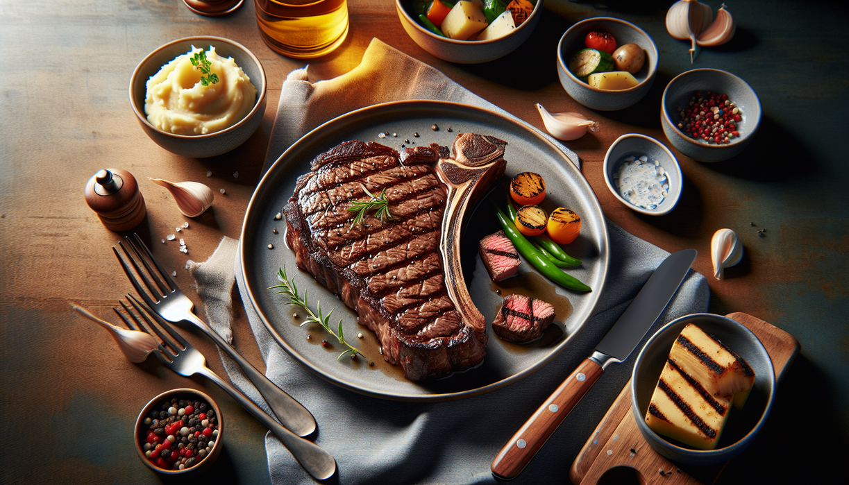 "alt_text": "Rib Eye Steak lezat ala HOLYCOW! tersaji dengan garnish di atas piring."