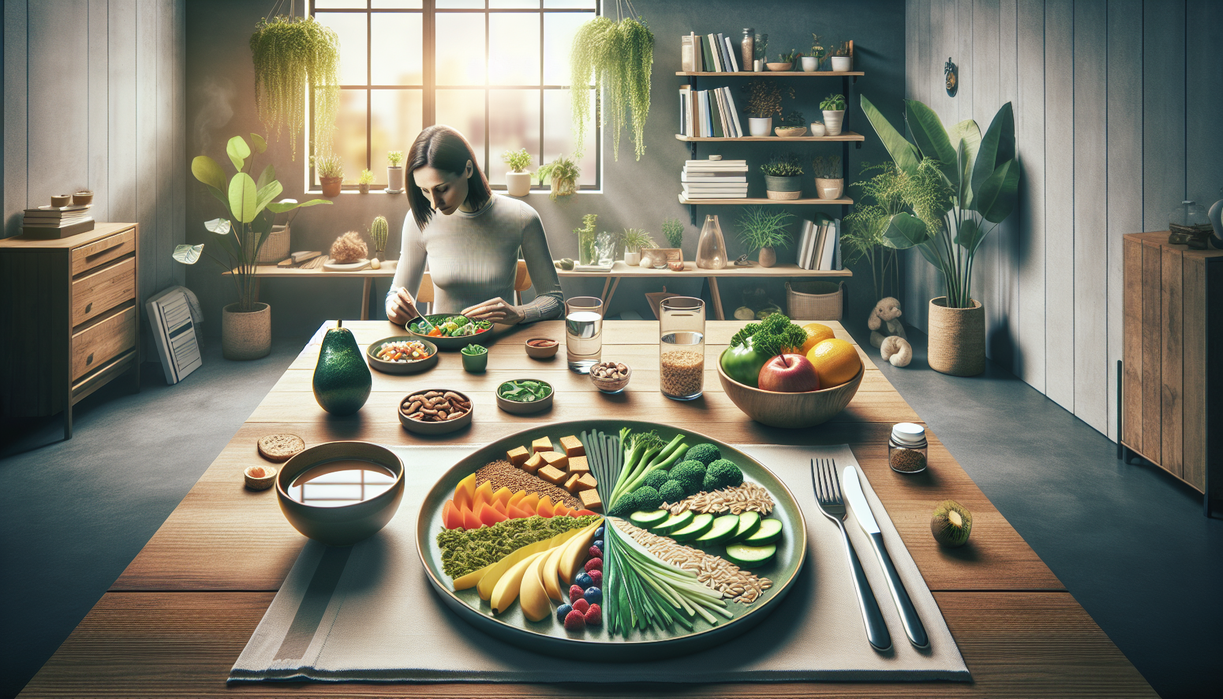 alt_text: Ilustrasi makanan sehat seimbang dengan sayur, protein, biji-bijian, dan buah-buahan.