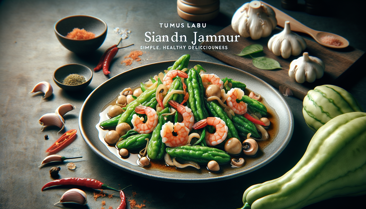 alt_text: Tumis labu siam dan jamur lezat dengan bumbu rumahan siap disajikan.