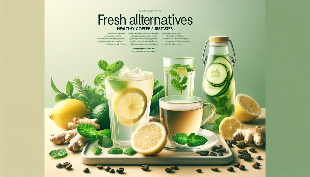 alt_text: Tiga minuman sehat sebagai alternatif kopi di pagi hari: teh hijau, smoothies buah, dan air lemon.