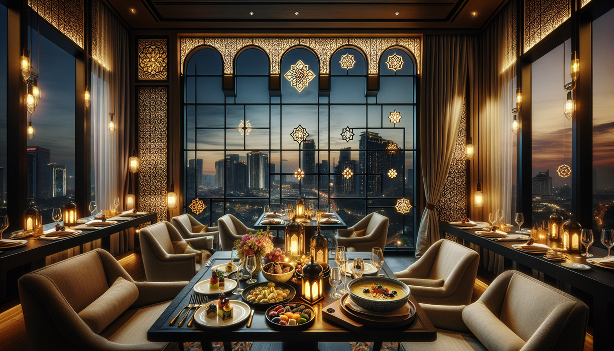 "alt_text": "Menu iftar mewah dengan hidangan Mediterania di restoran rooftop Jakarta."