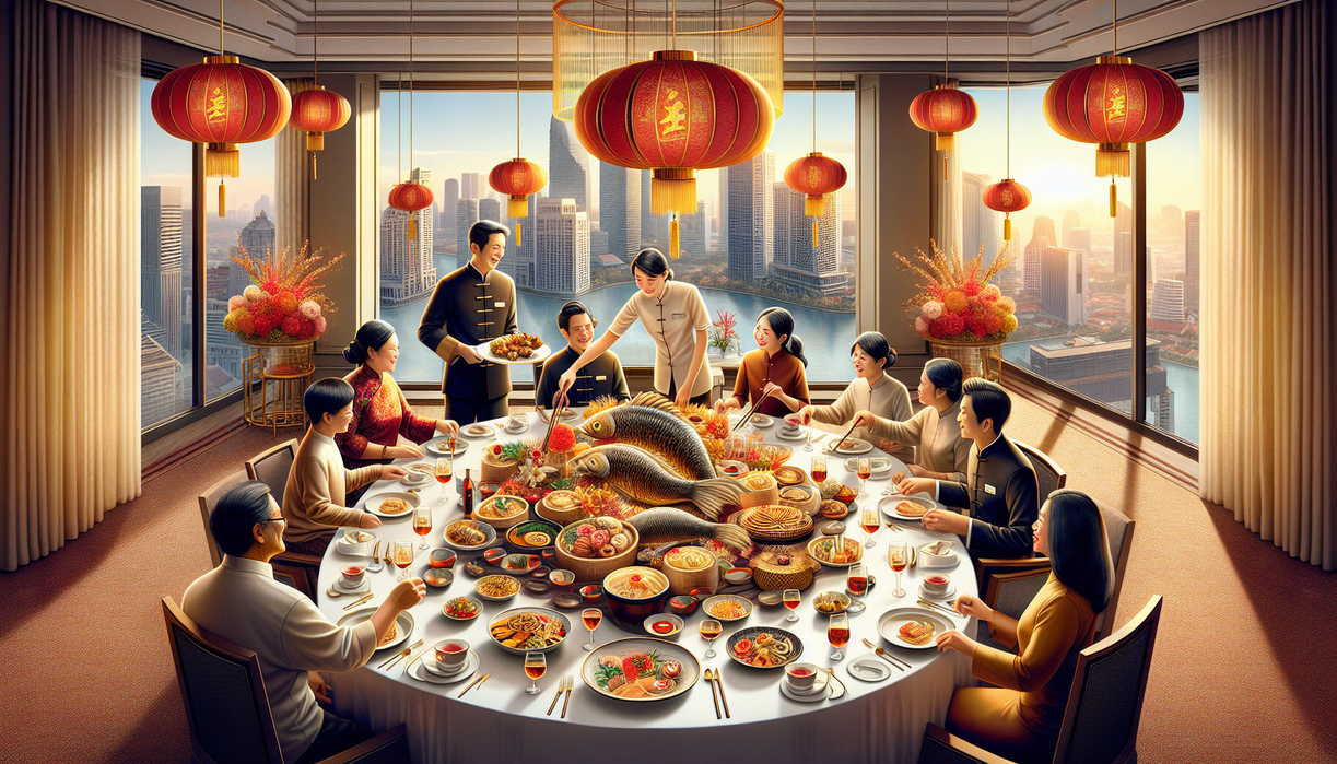 alt_text: Jamuan Imlek modern di Swissôtel PIK dengan dekorasi elegan dan hidangan istimewa.