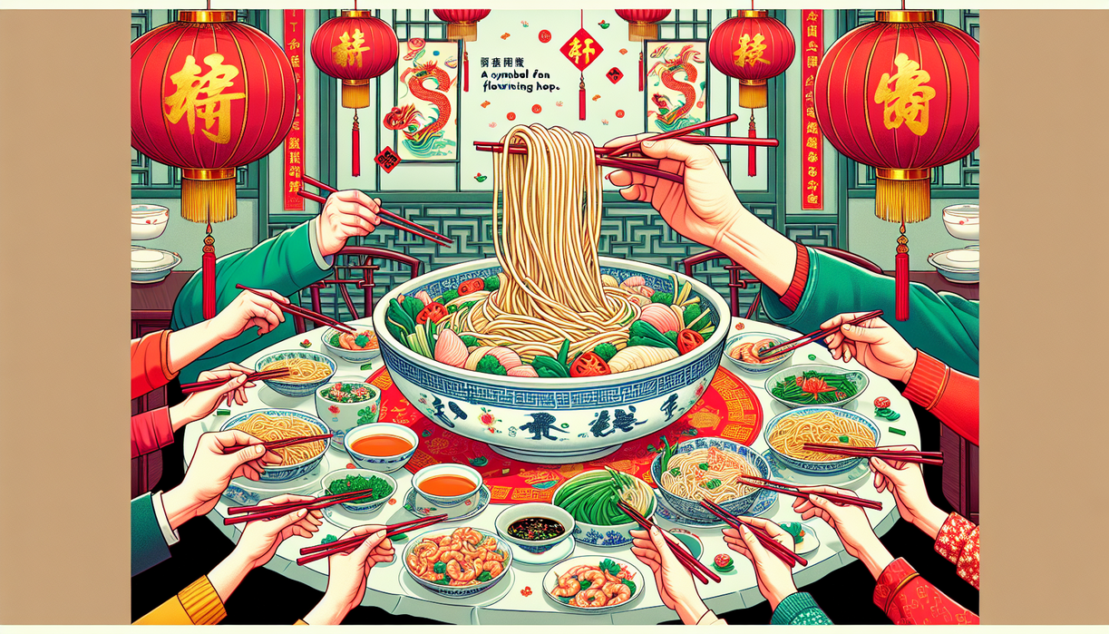 alt_text: Mie Imlek panjang melambangkan umur panjang dan keberuntungan, tak boleh dipotong.