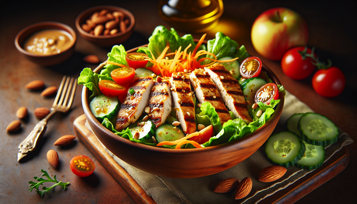 alt_text: Salad ayam honey mustard yang segar dengan sayuran berwarna-warni dan saus lezat.