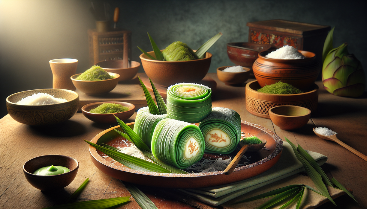 alt_text: Dadar gulung pandan lembut berisi kinca, disajikan di atas piring putih.