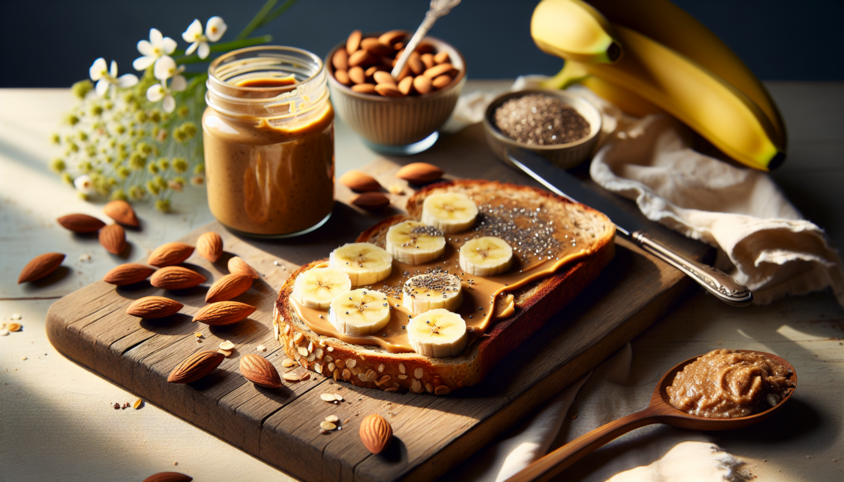 **alt_text:** Roti panggang dengan selai almond, irisan pisang, dan taburan biji chia untuk sarapan sehat.