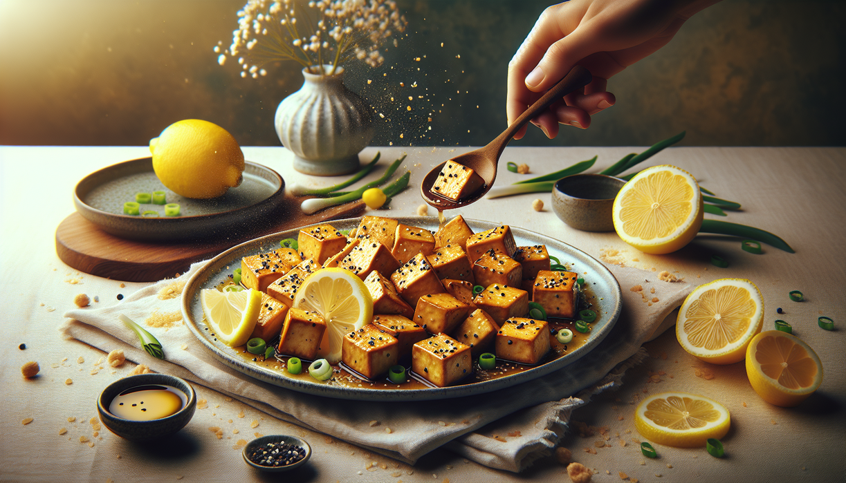 alt_text: Tofu crispy dengan saus lemon, renyah dan segar, menyajikan sensasi kekinian yang lezat.