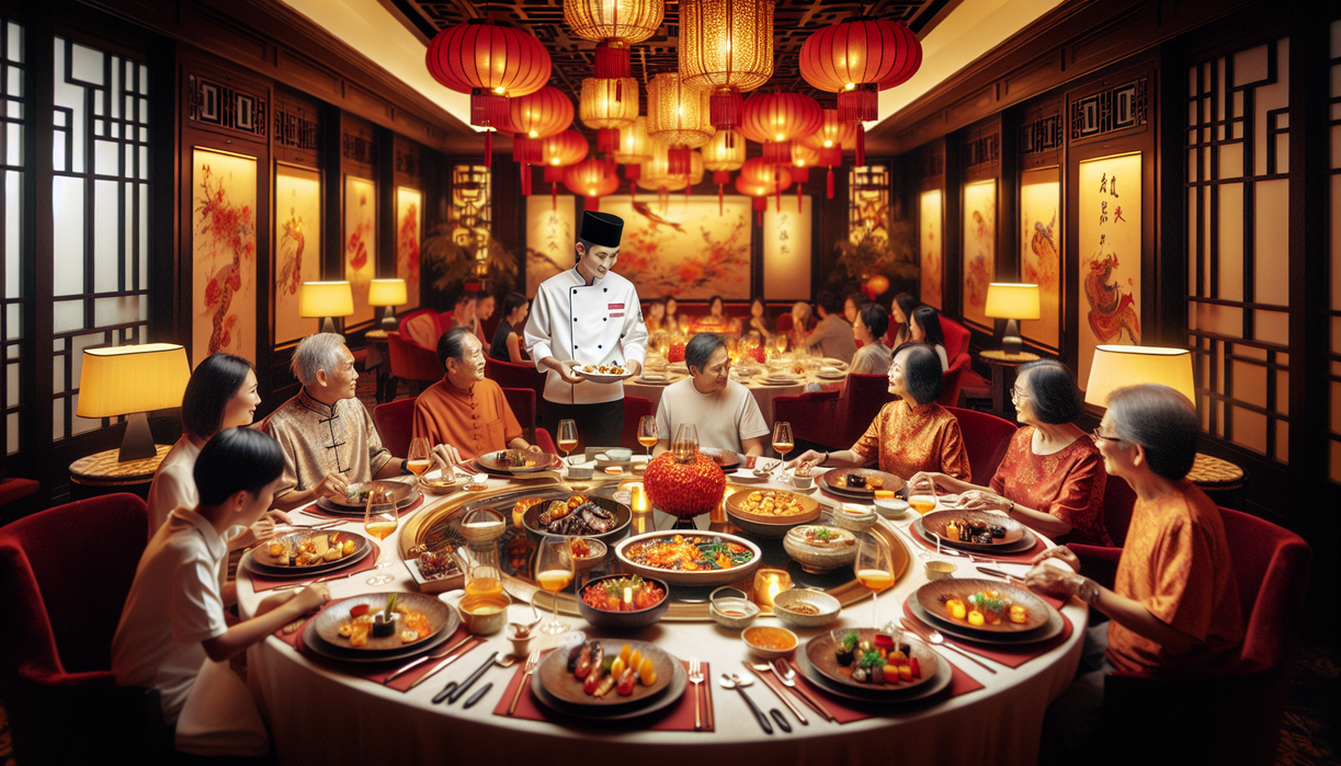 alt_text: Jamuan Makan Imlek mewah di Swissôtel Jakarta dengan dekorasi merah dan hidangan istimewa.