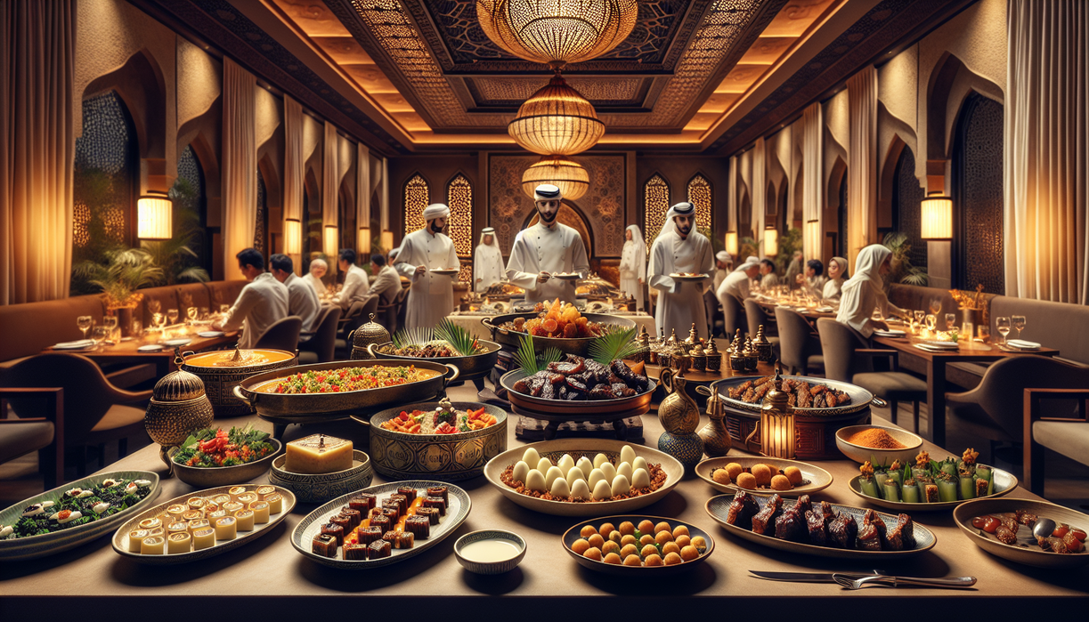 alt_text: Menu Yordania menghiasi meja iftar mewah di Jakarta, penuh cita rasa Timur Tengah.