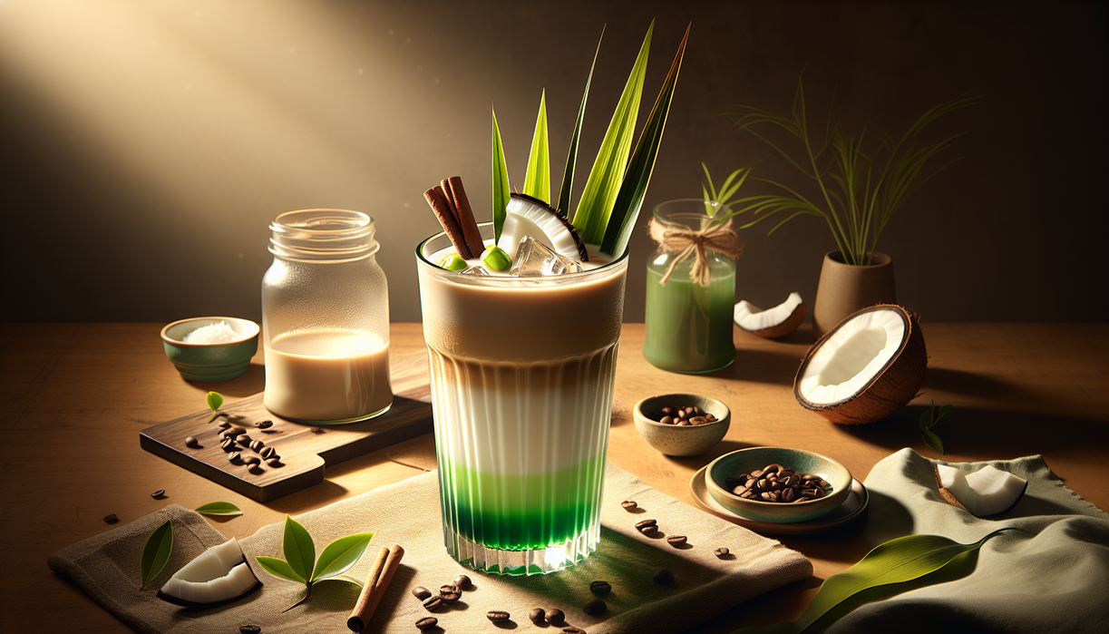 alt_text: Es kelapa pandan latte dengan lapisan pandan dan kelapa untuk takjil modern.