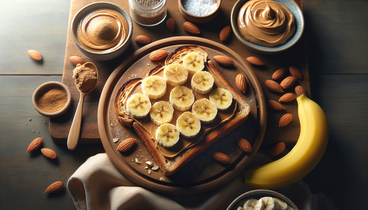 alt_text: Almond butter dan pisang di atas roti panggang, dihiasi kacang dan madu.