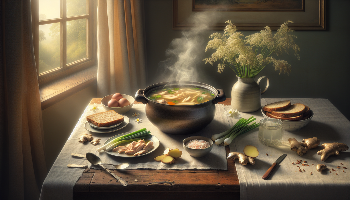 alt_text: Semangkuk sup ayam dengan jahe, ideal untuk sahur sehat dan hangat.