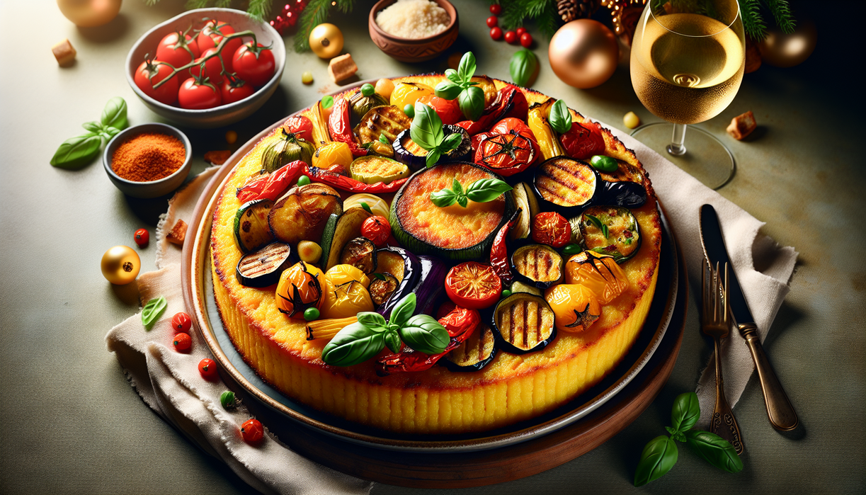 "alt_text": Polenta panggang lezat, disajikan dengan sayuran segar, jadi pusat di meja makan sehat.