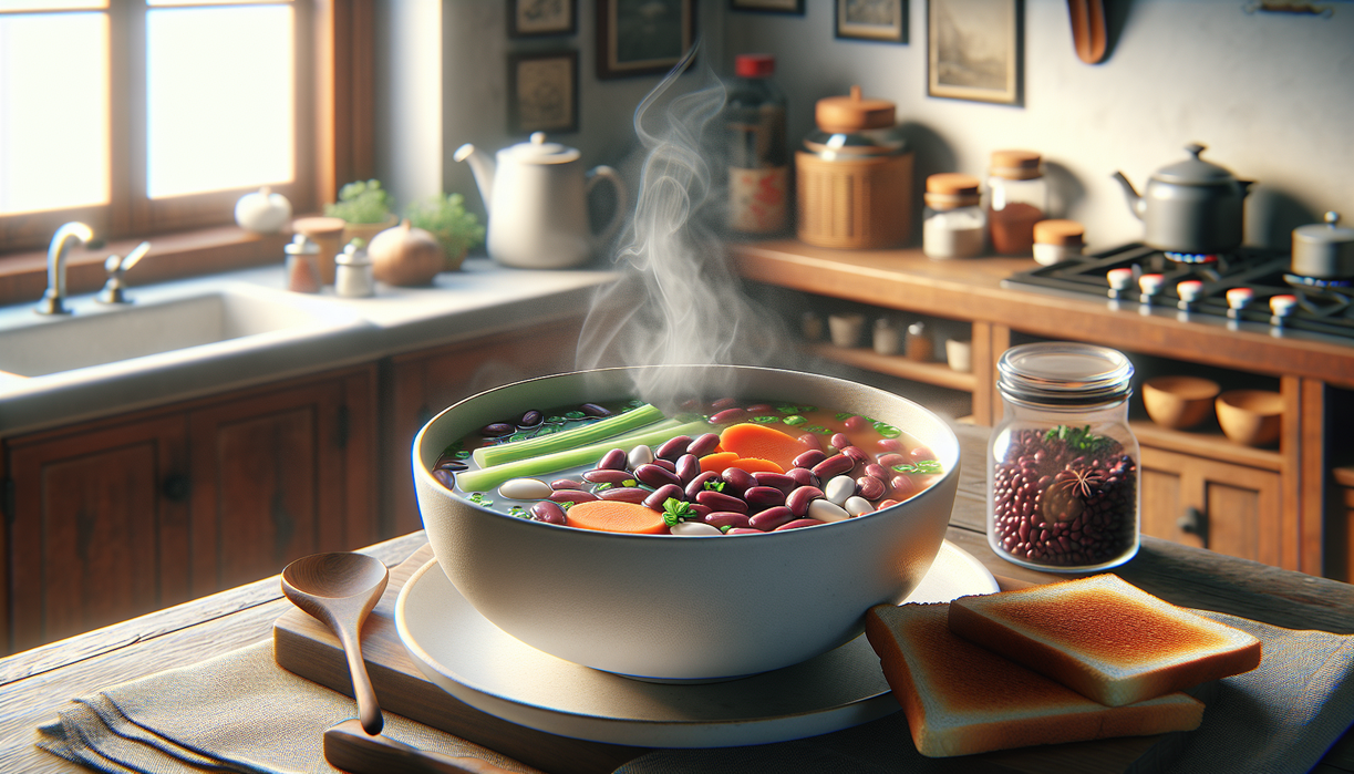 alt_text: Mangkok sup kacang merah hangat dengan sayuran segar dan potongan daging.