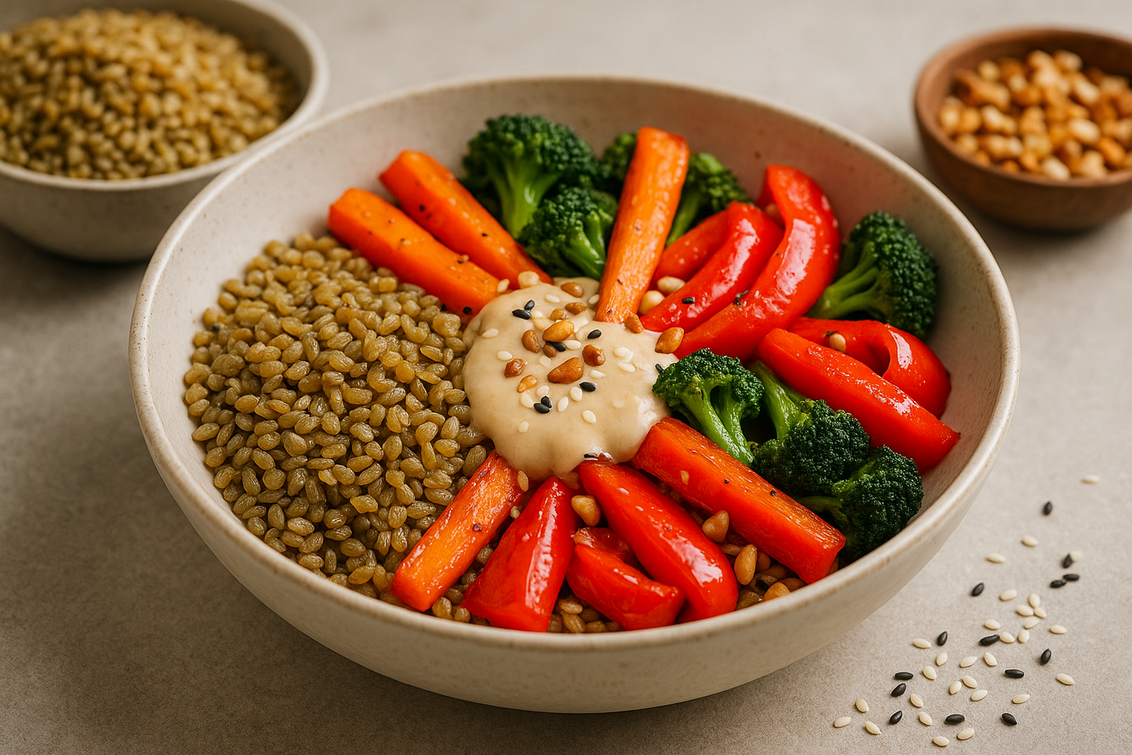 alt_text: Mangkuk freekeh dengan sayuran segar dan topping sehat, kombinasi nutrisi dan rasa kekinian.