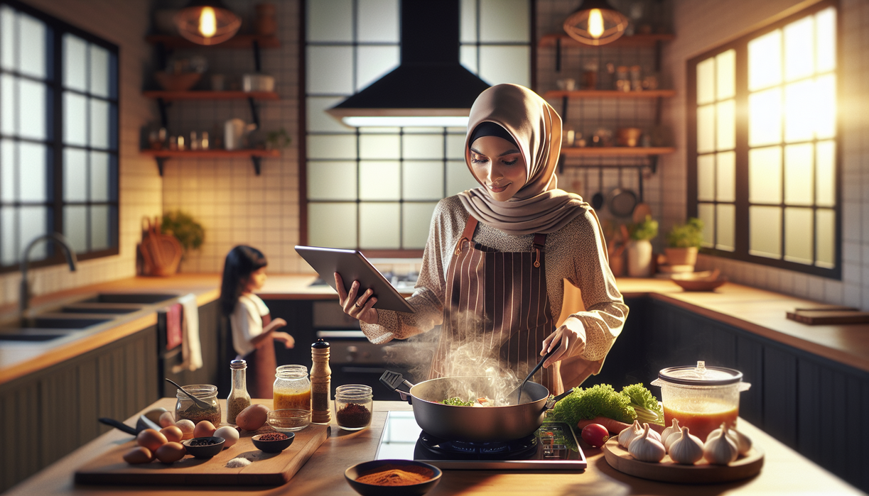 alt_text: "Wanita modern menciptakan masakan inovatif dengan bahan dapur nol sisa."