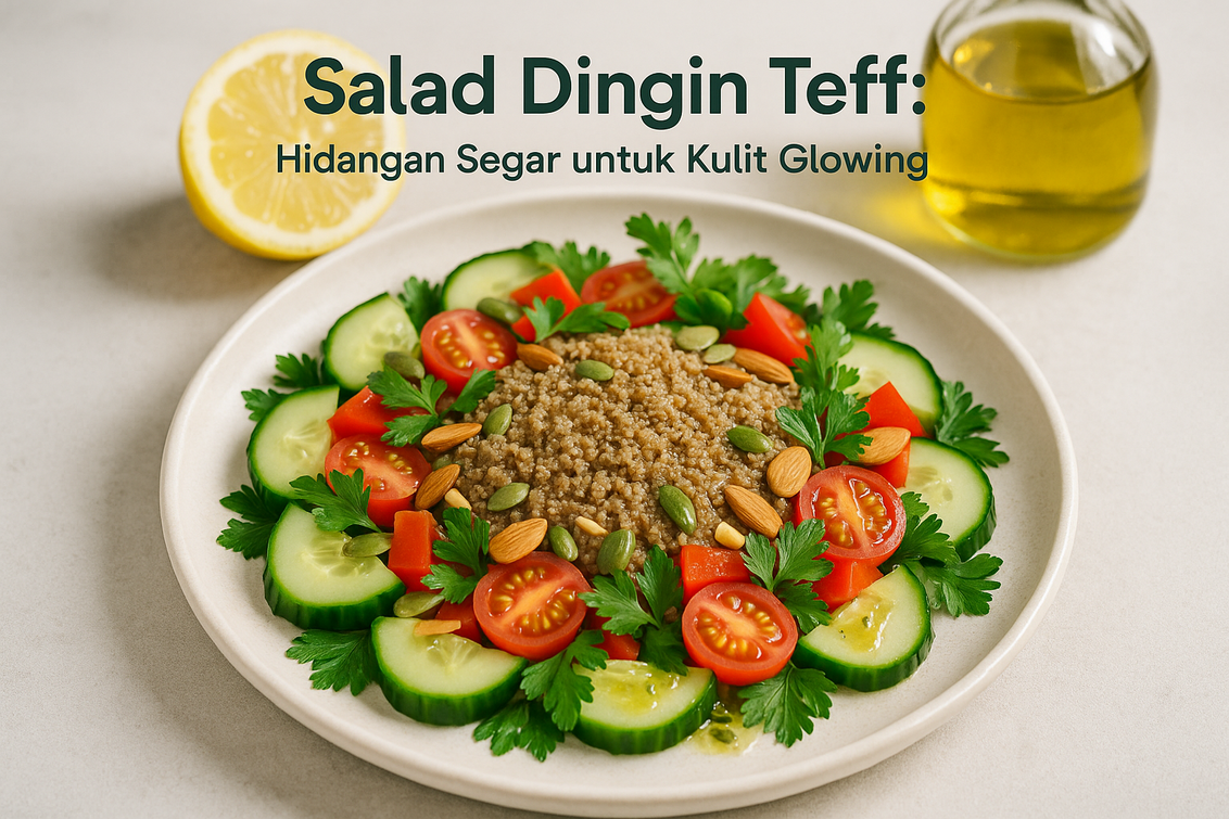 alt_text: Salad Teff dingin dengan aroma lemon, dilengkapi bahan segar untuk kulit yang bersinar.