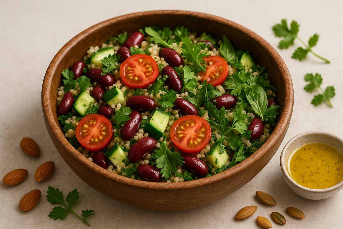 alt_text: Quinoa salad segar dengan kacang merah, sayuran, dan saus ringan, pilihan sehat dan praktis.