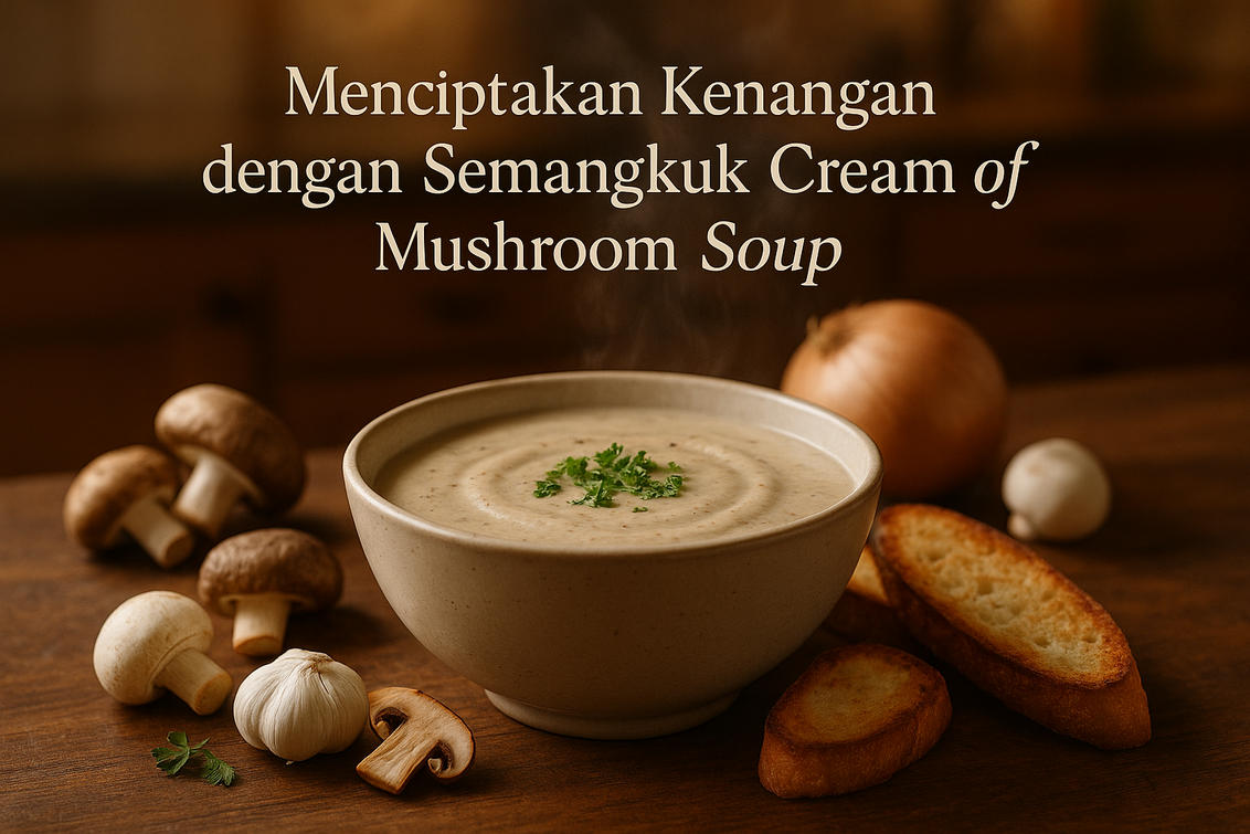 alt_text: Sup krim jamur rumahan yang creamy dengan taburan rempah di atasnya.