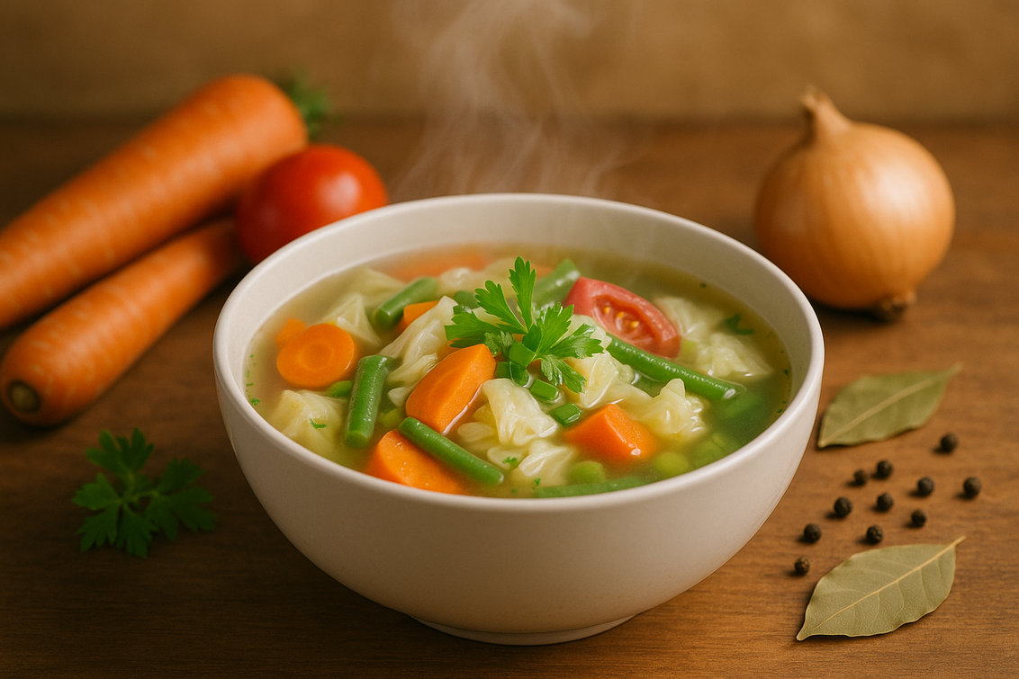 alt_text: Sup sayur rendah natrium dalam mangkuk, hangat dan menyehatkan dengan sayuran berwarna-warni.