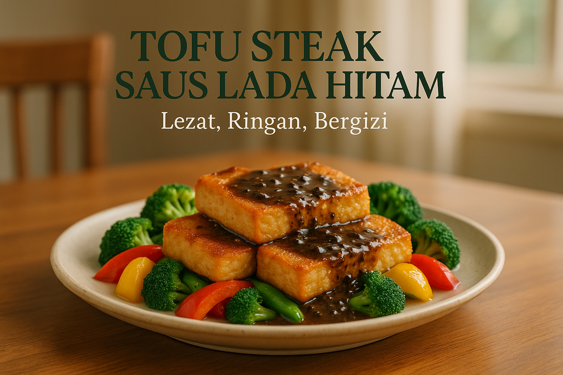 alt_text: "Tofu steak dengan saus lada hitam, terlihat lezat dan bergizi, disajikan di piring putih."