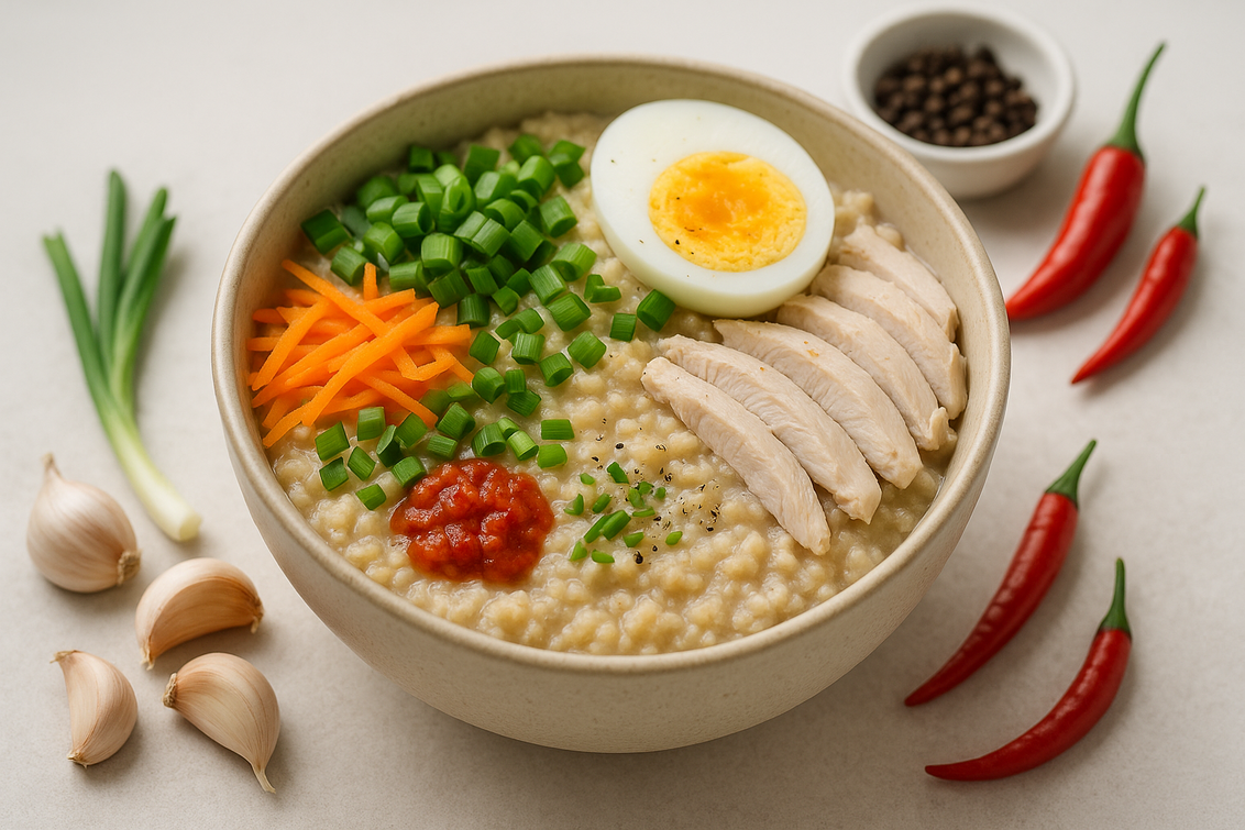 alt_text: Oatmeal gurih dengan topping sayuran dan rempah, alternatif sehat untuk sarapan lezat.