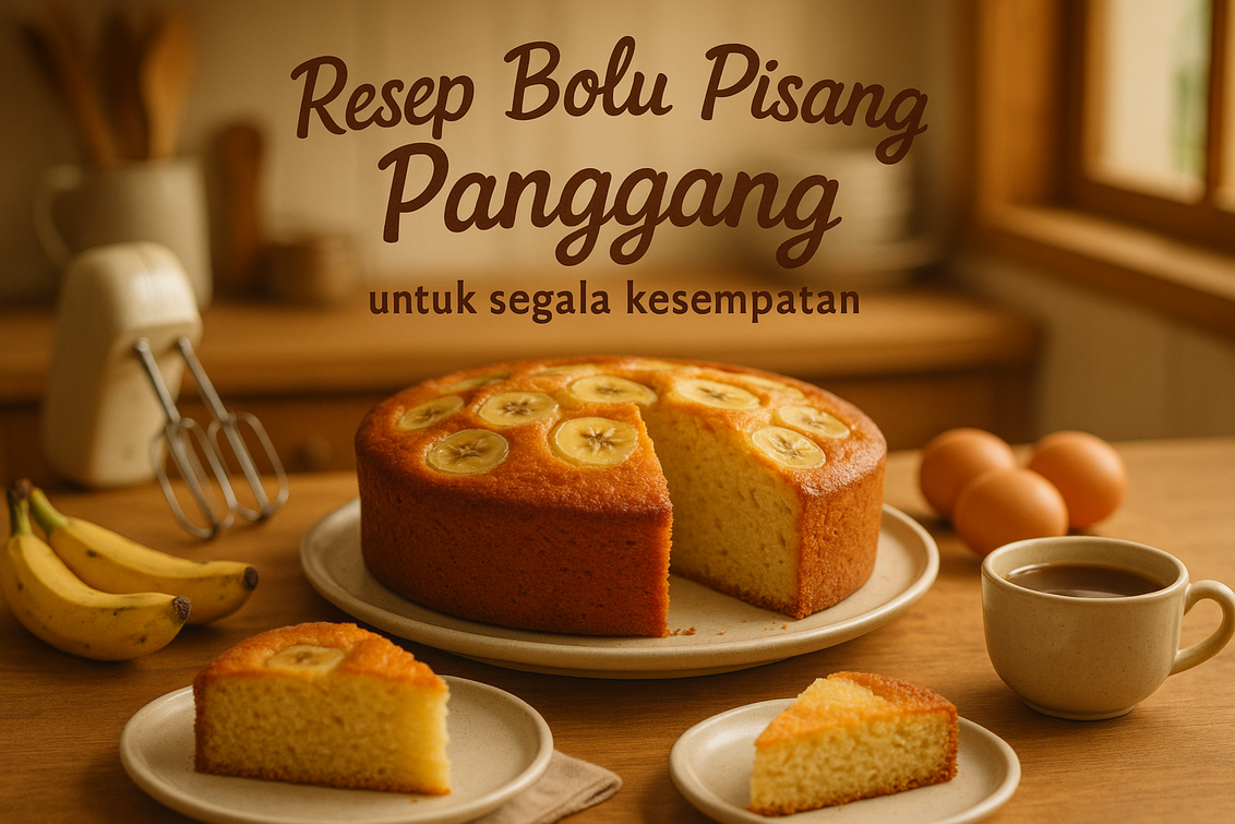 alt_text: Bolu Pisang Panggang lembut dengan 4 telur, aroma harum, dan tekstur sempurna antibantat.