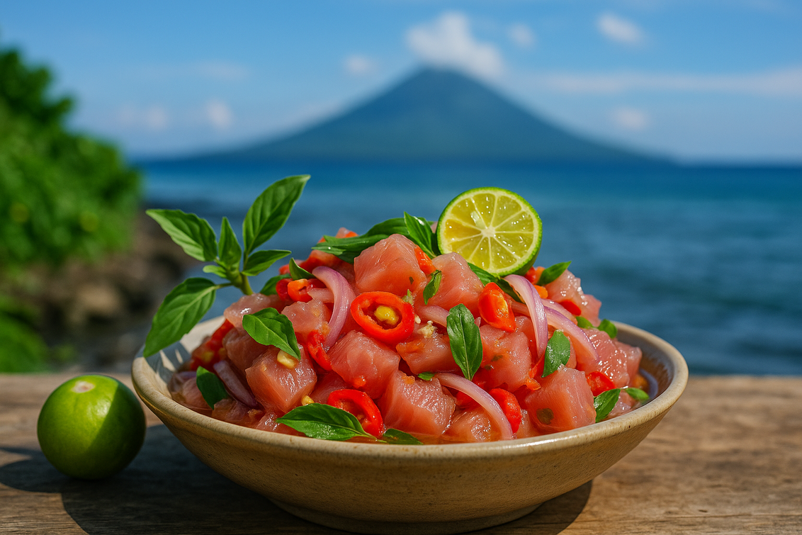 alt_text: Gohu Ikan Cakalang: Hidangan sashimi pedas asli Ternate, disajikan dengan bumbu segar dan rempah.