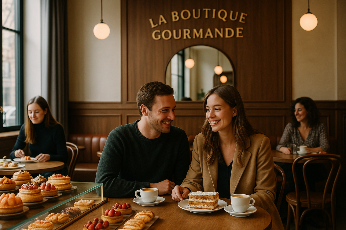 alt_text: La Boutique Gourmande, toko kuliner Prancis trendi dengan berbagai camilan lezat dan dekorasi elegan.