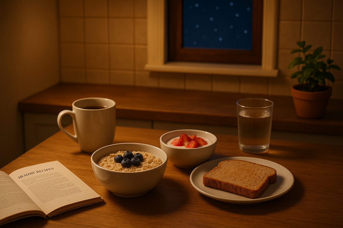 alt_text: Makanan sehat seperti buah dan kacang-kacangan, pilihan tepat untuk menahan lapar di malam hari.
