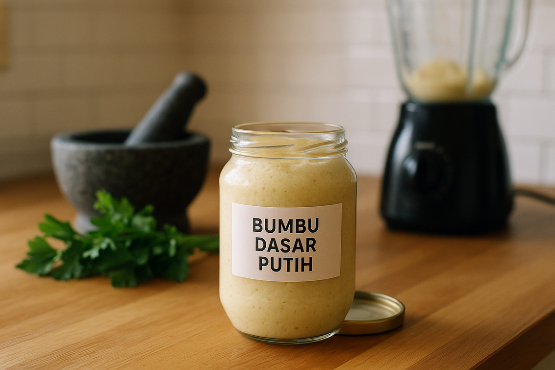 alt_text: Bumbu Dasar Putih: Kunci dapur praktis dengan bawang, kemiri, dan bumbu lainnya.