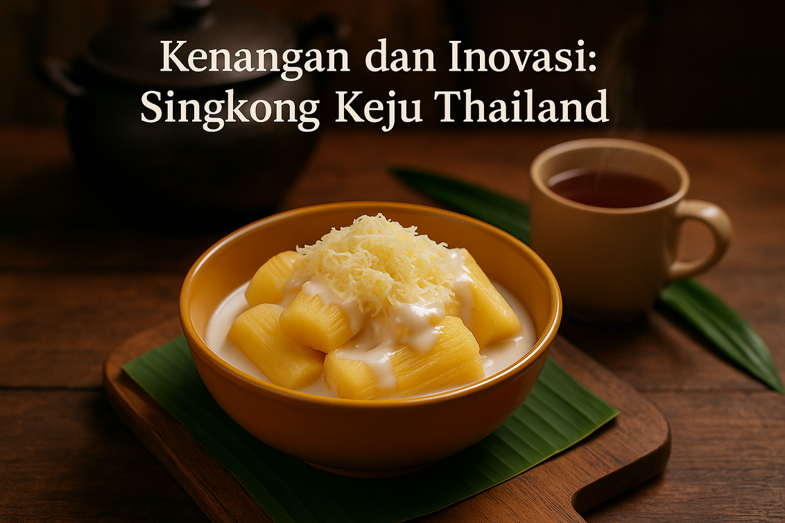 alt_text: Singkong keju Thailand yang lembut dan creamy, disajikan dengan taburan keju di atasnya.