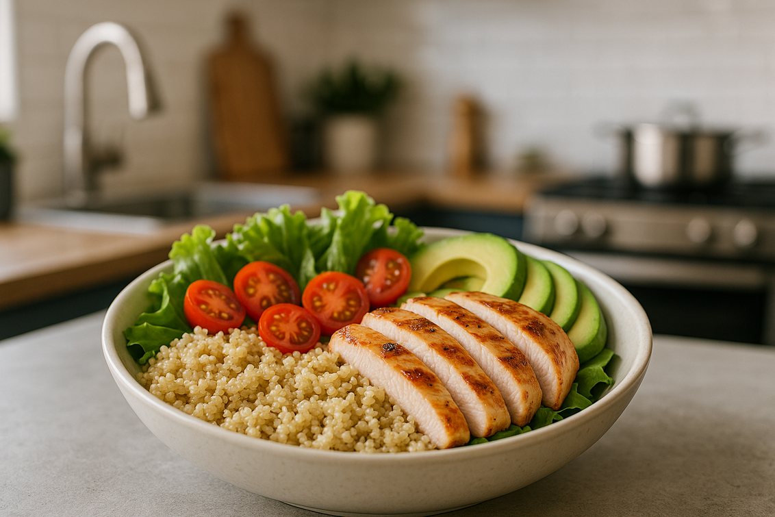 alt_text: Salad ayam dengan quinoa, sayuran segar, dan dressing, sehat dan mengenyangkan.