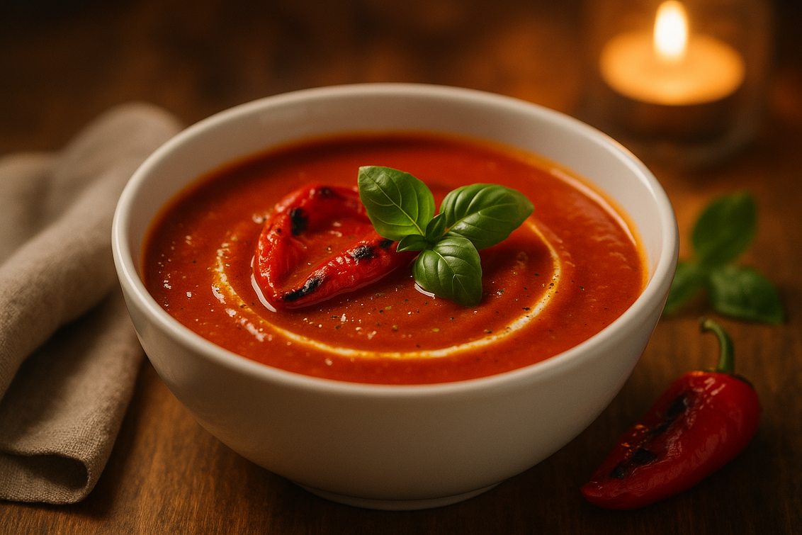 alt_text: Sup tomat dan paprika panggang hangat dengan aroma smoky, disajikan di rumah.