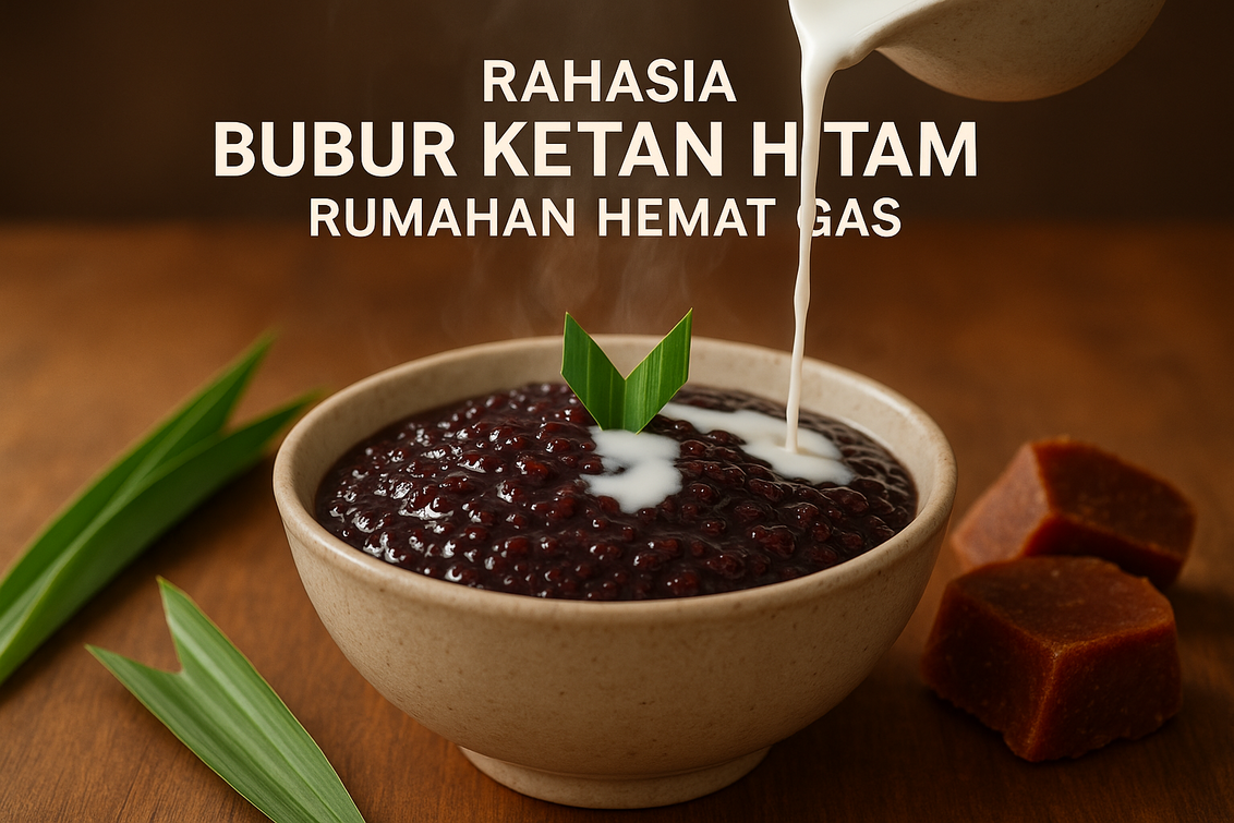 alt_text: Bubur ketan hitam hemat gas, tetap legit dan lembut, disajikan dalam mangkuk.