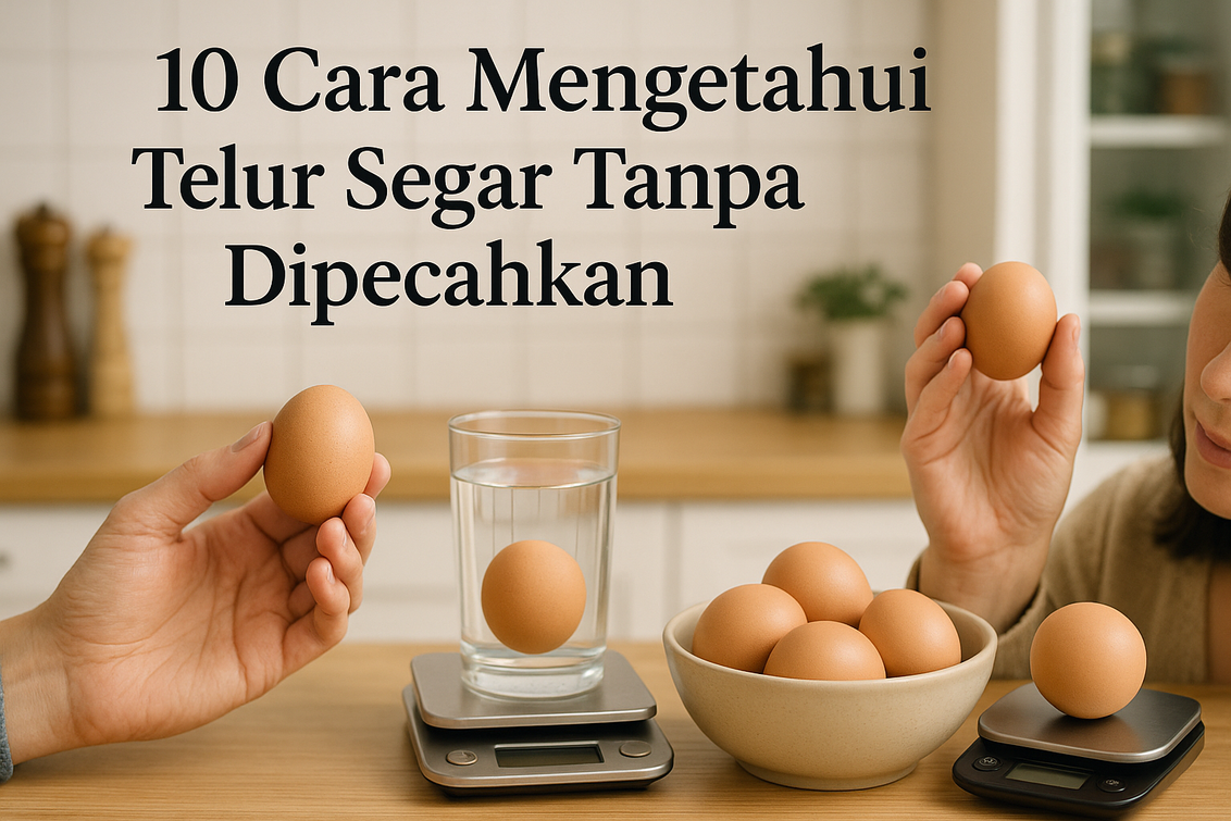 alt_text: Cara cek kesegaran telur tanpa memecahkannya: uji air, goyang, dan periksa tampilan cangkang.