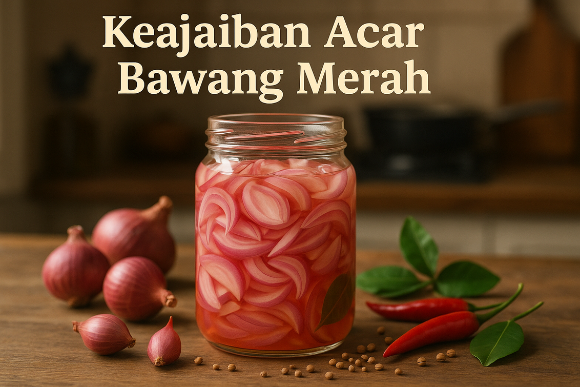 alt_text: Acar bawang merah segar di mangkuk, bahan dan langkah mudah tersedia di sekitarnya.